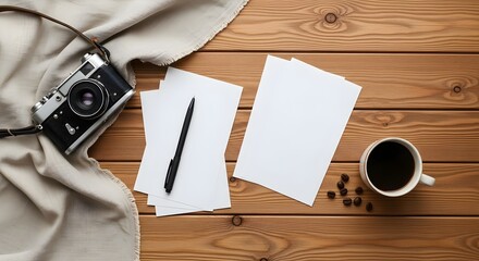 Flat lay of a vintage camera, blank papers, pen, coffee, and coffee beans on a rustic wooden table, ready for creativity.