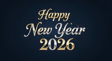 Obraz premium Elegant Happy New Year 2026 Greeting with Gold and Silver Lettering on Dark Blue Background for Festive Celebrations.