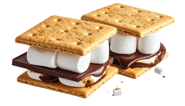 Two smores are layered with chocolate, graham cracker, and marshmallow