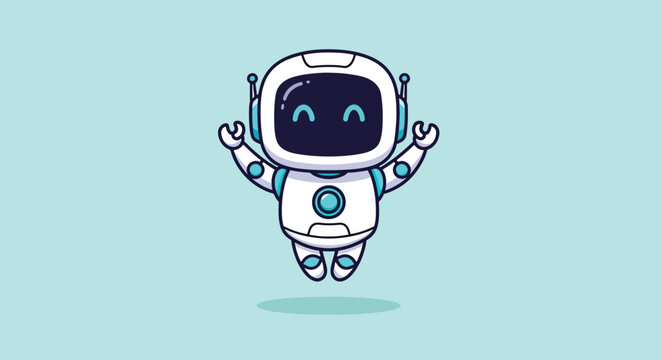 Adorable cartoon robot with a friendly smile and glowing eyes floating in midair.