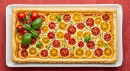 A rectangular tomato and basil tart on a white platter, presented on a red textured surface
