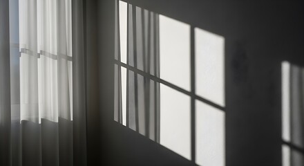 Abstract play of harsh geometric window shadows falling on a textured white wall, with a sheer curtain, creating a minimalist and serene interior scene.