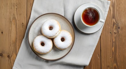 Overhead view of three delicious powdered sugar donuts on a ceramic plate, served with a steaming hot cup of black tea on a wooden table.