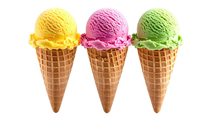 Three colorful ice cream scoops in waffle cones, isolated