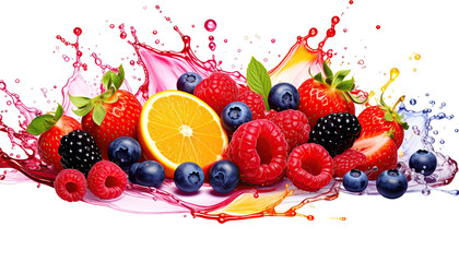 Fruits splashing; strawberries, raspberries, orange, and blueberries