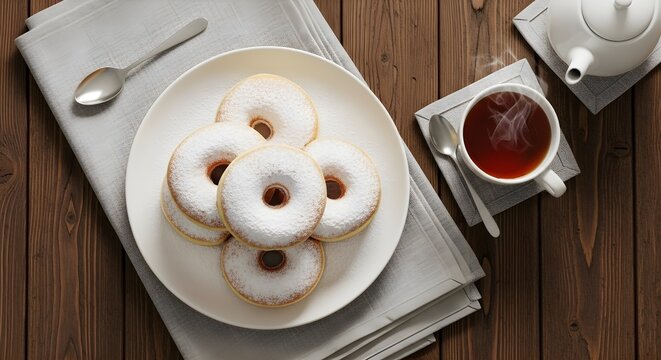 Flat lay of delicious powdered sugar donuts on a white plate, served with a white teapot and steaming tea on a rustic wooden table with a grey napkin. - Powered by Adobe