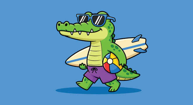 Cartoon alligator wearing sunglasses and shorts carrying a surfboard and beach ball.