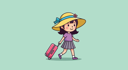 Cheerful cartoon girl with a yellow sun hat and pink suitcase walking.