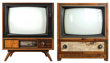 Two vintage televisions sit side by side, wooden cabinets