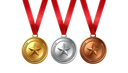 Gold, silver, bronze medals hang, red ribbons, star emblems