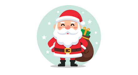 Cheerful Cartoon Santa Claus with Gift Bag and Snowflakes.