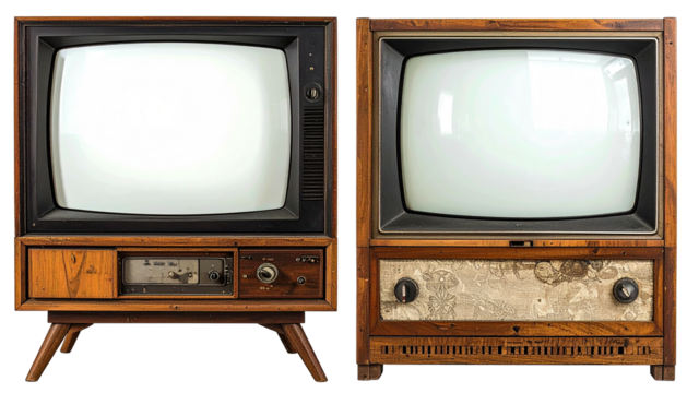 Two vintage televisions sit side by side, wooden cabinets
