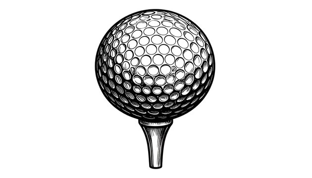 Detailed monochrome illustration of a golf ball on a tee