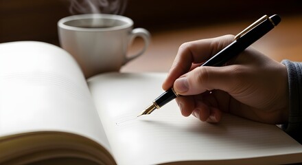 Hand Writing in a Notebook with a Fountain Pen Next to a Steaming Coffee Cup