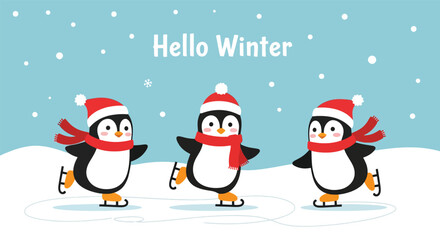 Three Adorable Penguins Ice Skating in a Winter Wonderland.