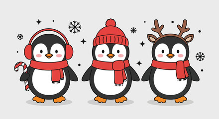 Three cute cartoon penguins dressed for winter with festive accessories.