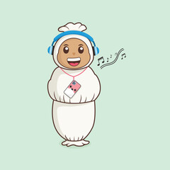 Pocong Cartoon Listening to Music with Headphones and a Cute Cell Phone