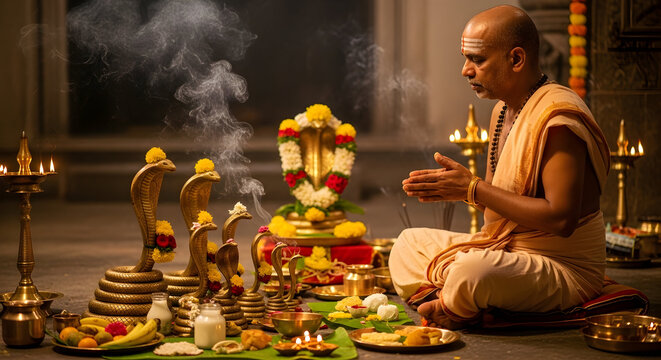 Hindu Priest Performing Nag Panchami Ritual with Cobra Idols