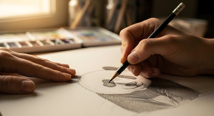 Naklejka premium Artist Sketching a Panda Bear with Pencil on Textured Paper