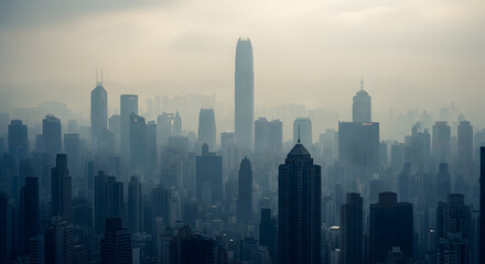 Obraz premium City Skyline Covered in Dense Smog Representing Air Pollution Crisis