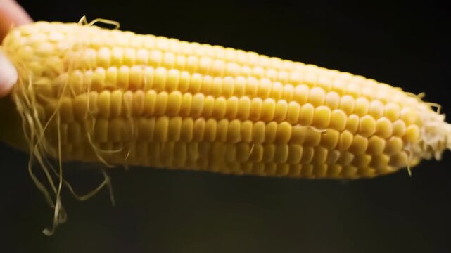 A detailed macro view of a single ear of cooked yellow sweetcorn held in hand against an isolated black background