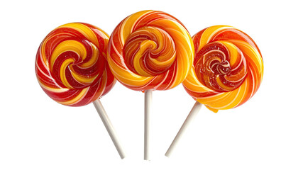 Three swirl lollipops; red, orange, yellow candy on sticks