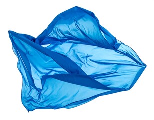 Flowing blue fabric, isolated on a white background, captures movement