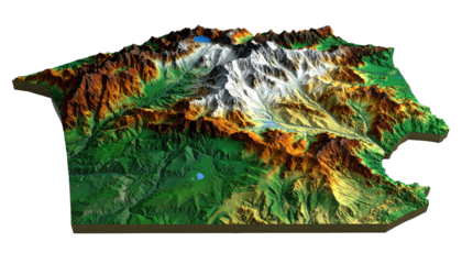 Textured relief map showing mountains, valleys, lakes