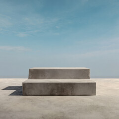Minimalist concrete podium with two steps under clear blue sky, evoking calm and simplicity in open space