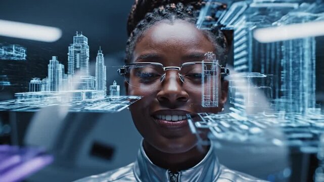 Woman with futuristic glasses interacting with digital display and futuristic technology in a lab setting - Powered by Adobe