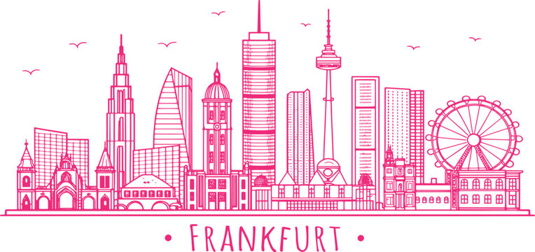 Frankfurt Skyline Sketch with Cultural Touch for Tourism &ndash; Hand Drawn Line Art Featuring R&ouml;mer, Main Tower, and Alte Oper for Travel Posters and Wall Decor