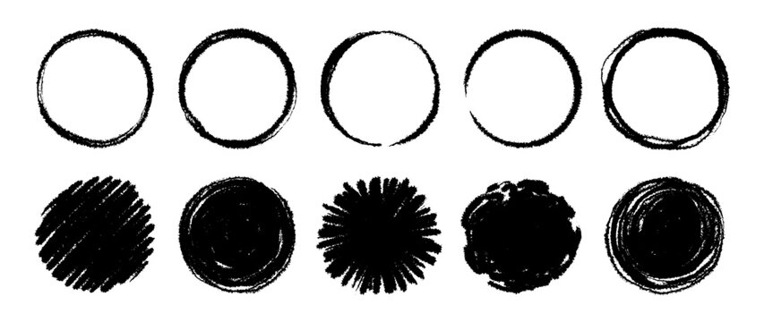 Hand drawn brush round vector set. Crayon pencil brush stroke black round shape. Scribble sketch hand drawn crayon, ink splash, rough dot texture circle elements. Vector illustration