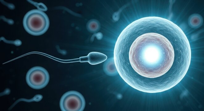 Sperm approaching ovum fertilization biological process microscopic view illustration