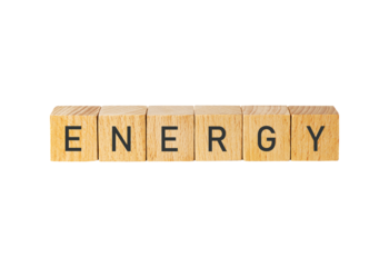 Wooden scrabble tiles spelling energy isolated on transparent background