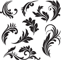 Collection of nine black decorative floral scroll ornaments on a white background flourish