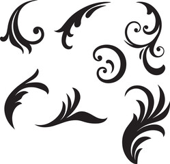 Collection of seven black decorative floral scroll ornaments on a white background flourish