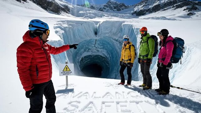 Group of mountaineers standing near a large glacial crevasse with an avalanche safety sign and text written in the snow cornice warning 