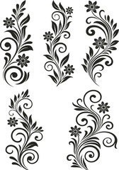 Five Black Floral and Swirl Decorative Elements on White Background vector illustration