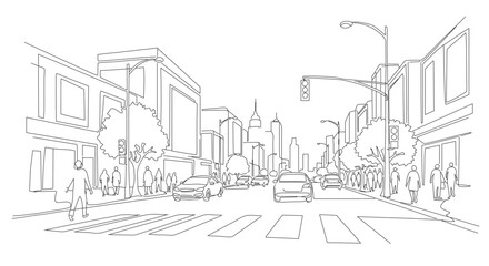 One Line Continuous Art Depicting Urban Street Scene with Vehicles and Buildings in EPS Format