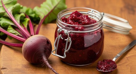 Homemade beet jam in a glass jar with a fresh beet and a spoon on a wooden board, rustic food photography