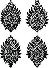 Four Black Damask Ornate Floral Decorative Elements on White Background vector illustration