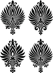 Four Black Damask Ornate Floral Scrollwork Emblems on White Background vector illustration