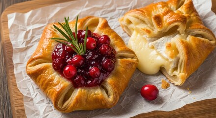 Delicious puff pastry danish filled with creamy cheese and topped with cranberry compote and rosemary, festive dessert