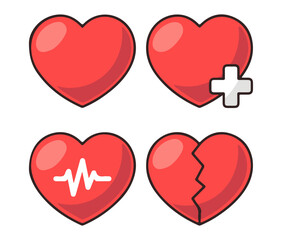Heart icon set with health and emotion symbols. Medical and emotional vector illustration. EPS editable pack