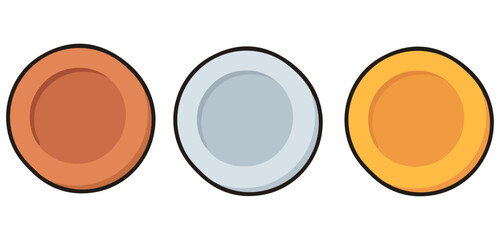 Colored plate icon set. Editable vector pack with brown, gray, and yellow dish symbols. EPS kitchenware illustration