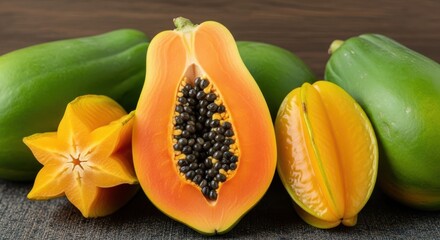 Fresh papaya and star fruit arranged on a textured surface, showcasing vibrant colors and healthy ingredients for a tropical delight