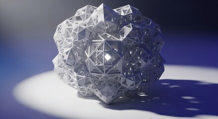 Intricate geometric polyhedron illuminated by spotlight