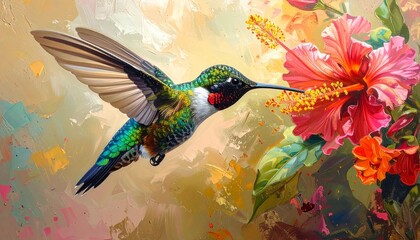 Vibrant hummingbird sips nectar from hibiscus