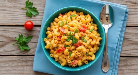 Bowl of creamy macaroni and cheese with diced tomatoes and fresh parsley, served on a blue napkin, comfort food