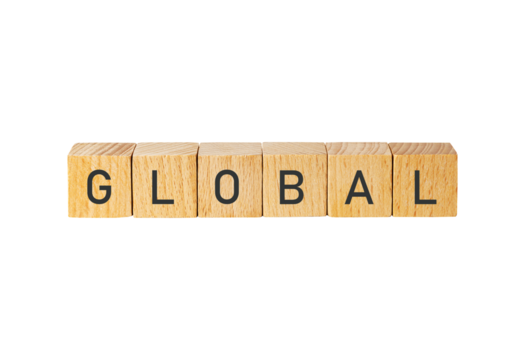 Wooden scrabble tiles spell global isolated on transparent background